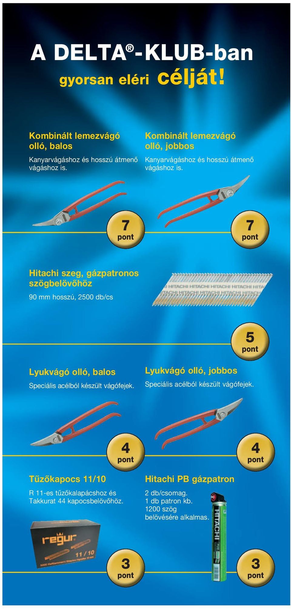 7 7 Hitachi szeg, gázpatronos szögbelövőhöz 90 mm hosszú, 2500 db/cs 5 Lyukvágó olló, balos Speciális acélból készült vágófejek.