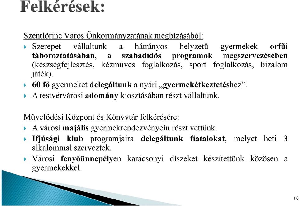 60 fő gyermeket delegáltunk a nyári gyermekétkeztetéshez. A testvérvárosi adomány kiosztásában részt vállaltunk.