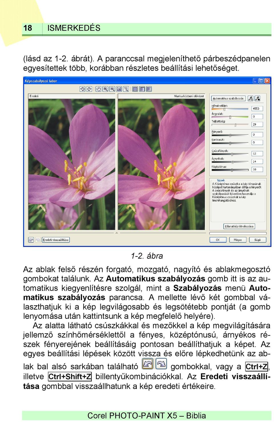 A mellette lévő két gombbal választhatjuk ki a kép legvilágosabb és legsötétebb pontját (a gomb lenyomása után kattintsunk a kép megfelelő helyére).