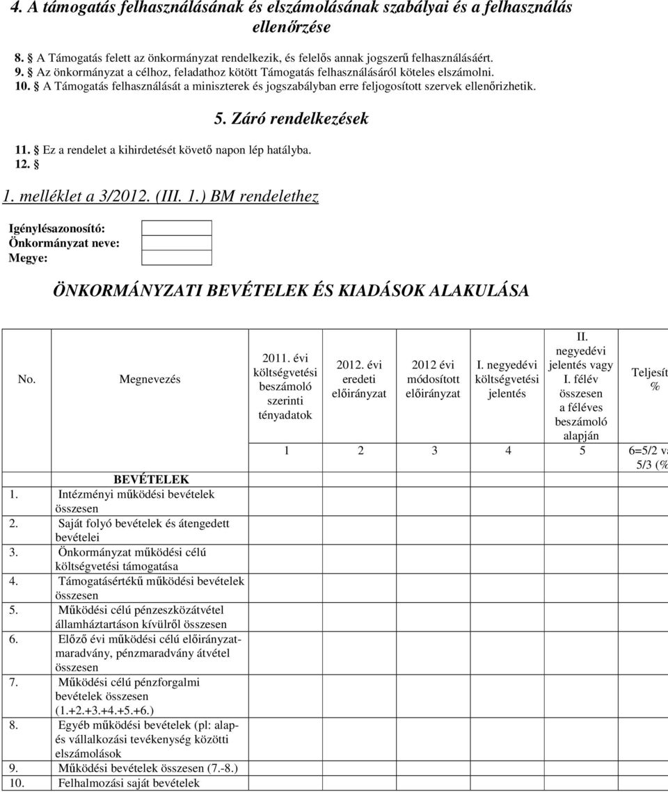 Záró rendelkezések 11. Ez a rendelet a kihirdetését követő napon lép hatályba. 12. 1. melléklet a 3/2012. (III. 1.) BM rendelethez Igénylésazonosító: Önkormányzat neve: Megye: ÖNKORMÁNYZATI BEVÉTELEK ÉS KIADÁSOK ALAKULÁSA No.