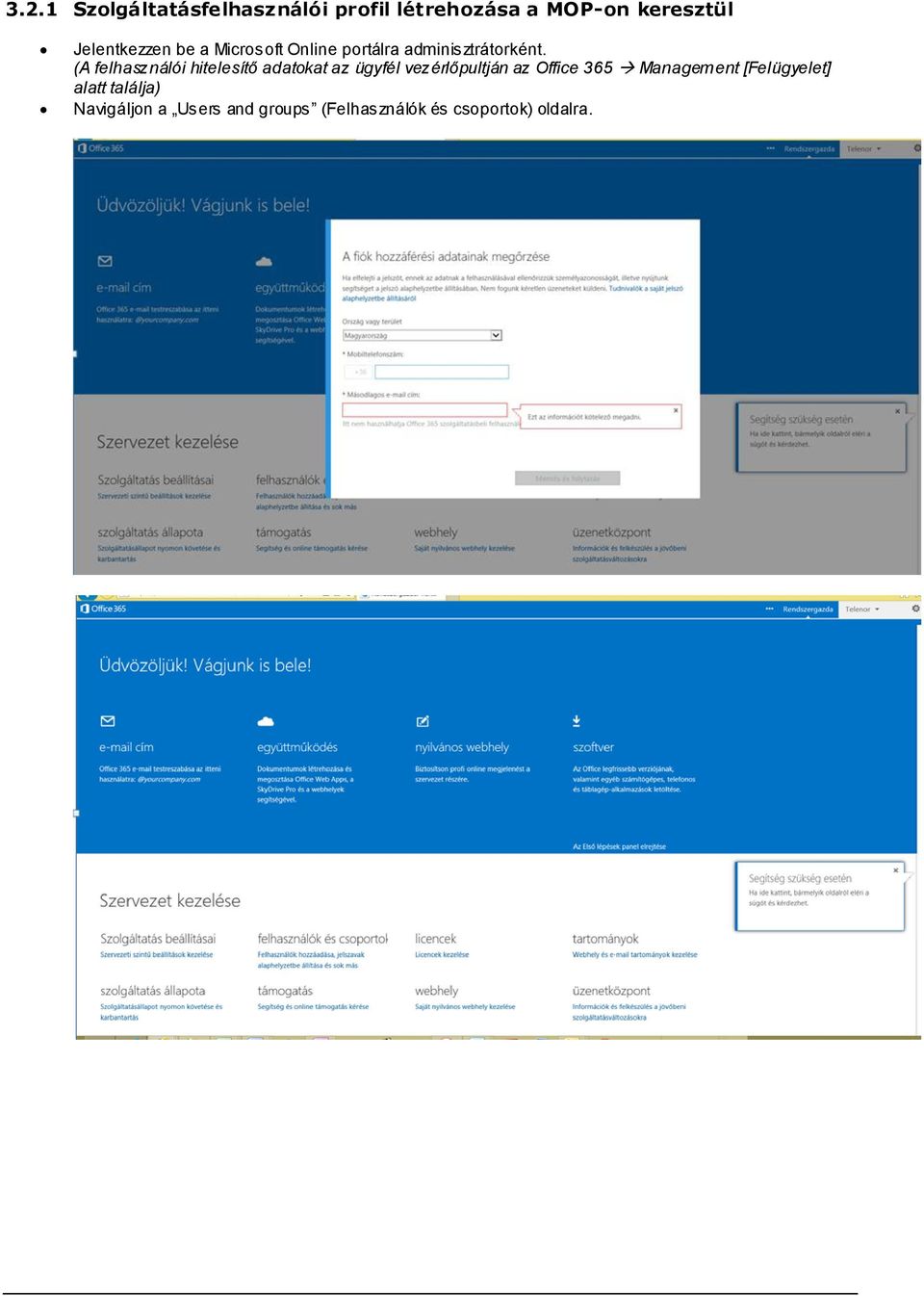 (A felhasználói hitelesítő adatokat az ügyfél vezérlőpultján az Office 365