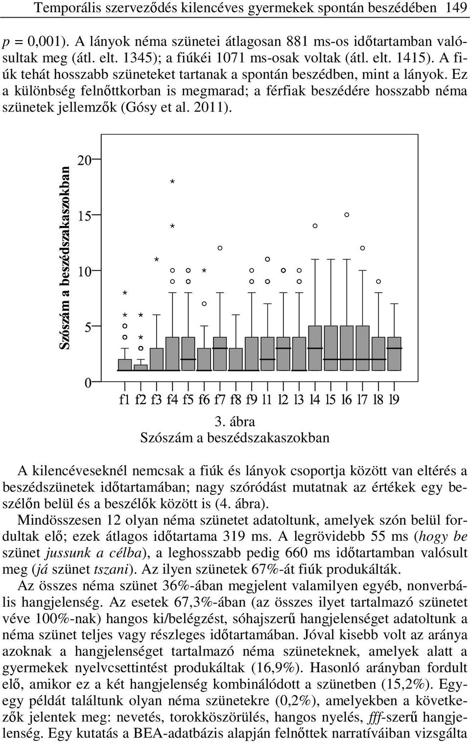 Ez a különbség felnőttkorban is megmarad; a férfiak beszédére hosszabb néma szünetek jellemzők (Gósy et al. 2011). 3.