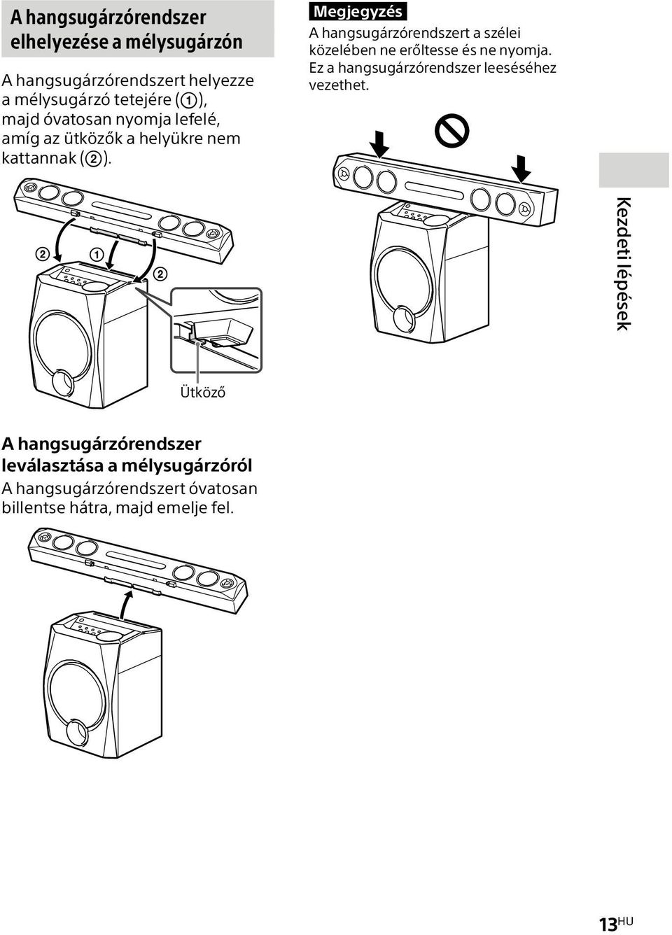 Megjegyzés A hangsugárzórendszert a szélei közelében ne erőltesse és ne nyomja.