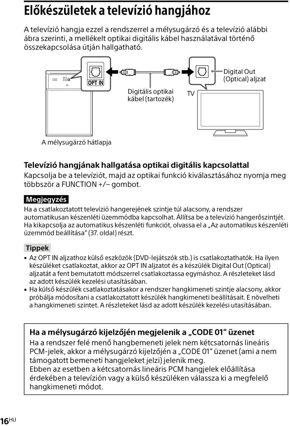 Digital Out (Optical) aljzat Digitális optikai kábel (tartozék) TV A mélysugárzó hátlapja Televízió hangjának hallgatása optikai digitális kapcsolattal Kapcsolja be a televíziót, majd az optikai