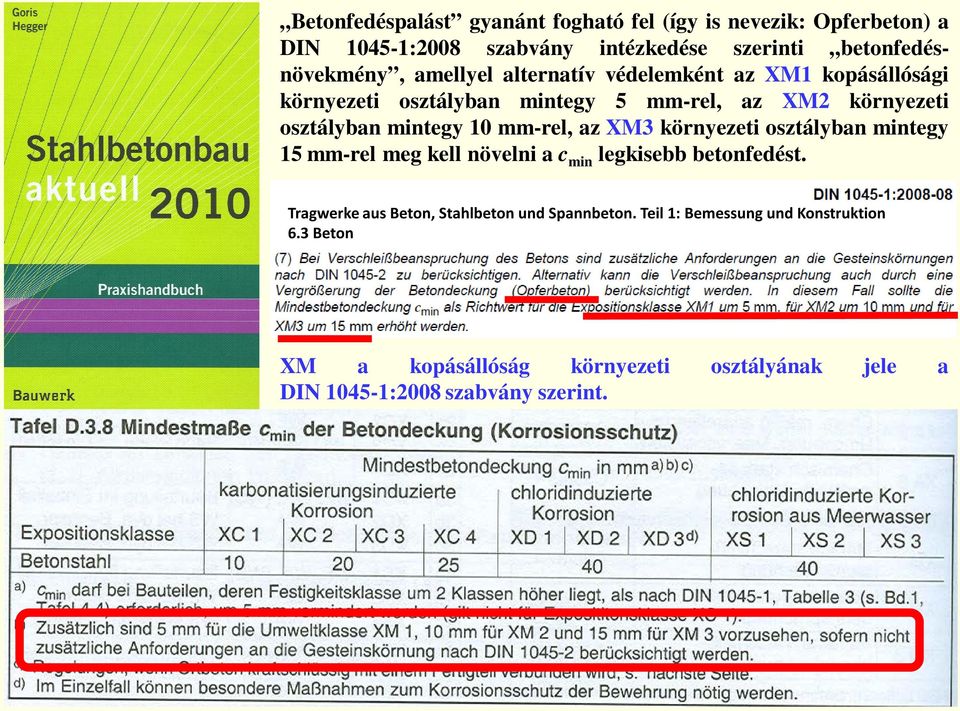 mm-rel, az XM3 környezeti osztályban mintegy 15 mm-rel meg kell növelni a c min legkisebb betonfedést.