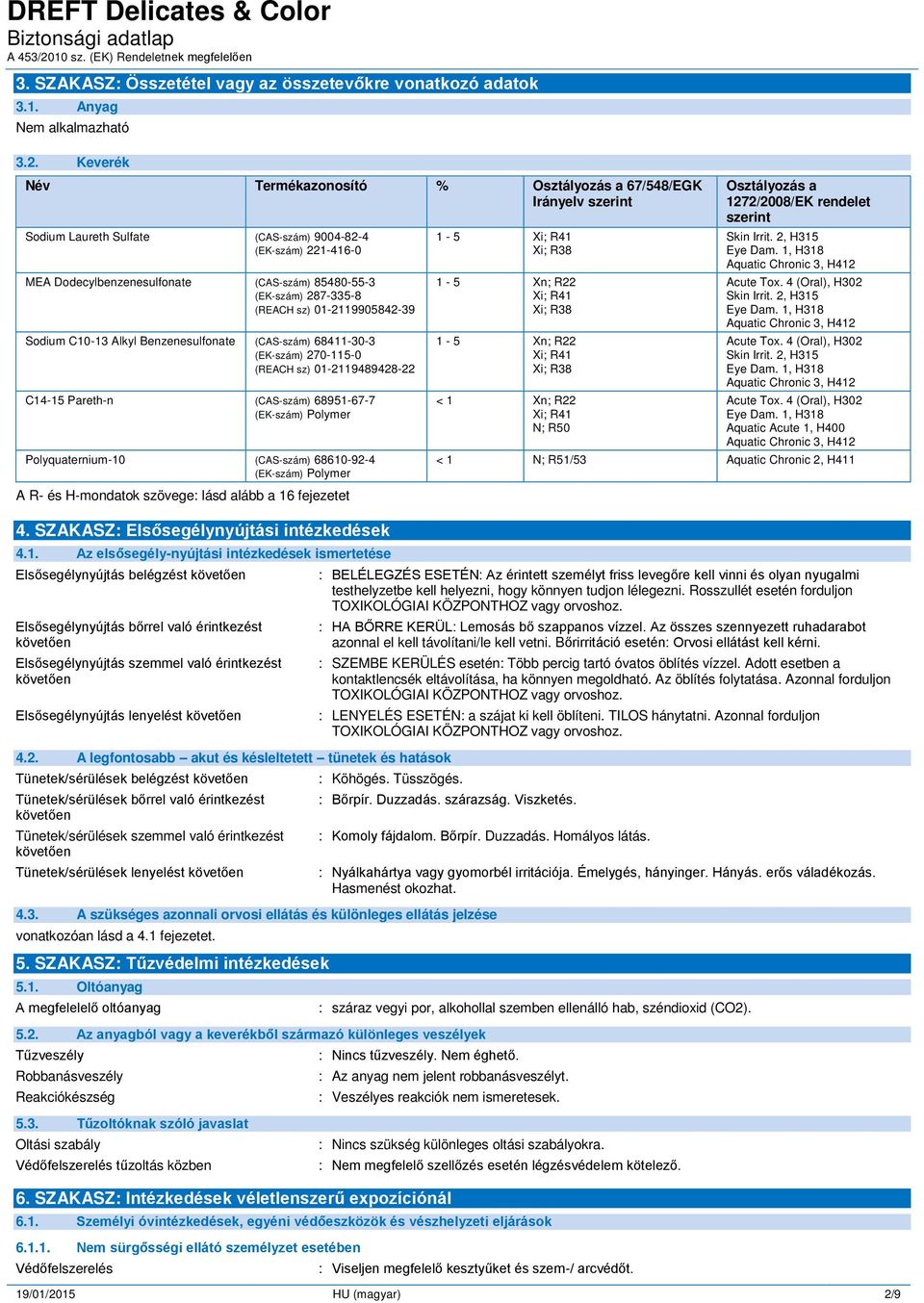 287-335-8 (REACH sz) 01-2119905842-39 Sodium C10-13 Alkyl Benzenesulfonate (CAS-szám) 68411-30-3 (EK-szám) 270-115-0 (REACH sz) 01-2119489428-22 C14-15 Pareth-n (CAS-szám) 68951-67-7 (EK-szám)