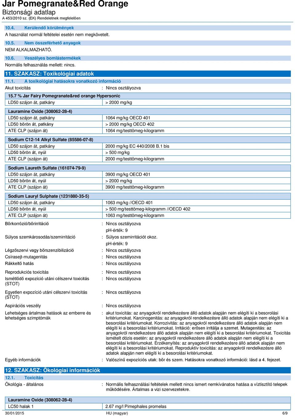 7 % Jar Fairy Pomegranate&red orange Hypersonic LD50 szájon át, patkány > 2000 mg/kg LD50 szájon át, patkány 1064 mg/kg OECD 401 LD50 b rön át, patkány > 2000 mg/kg OECD 402 ATE CLP (szájon át) 1064