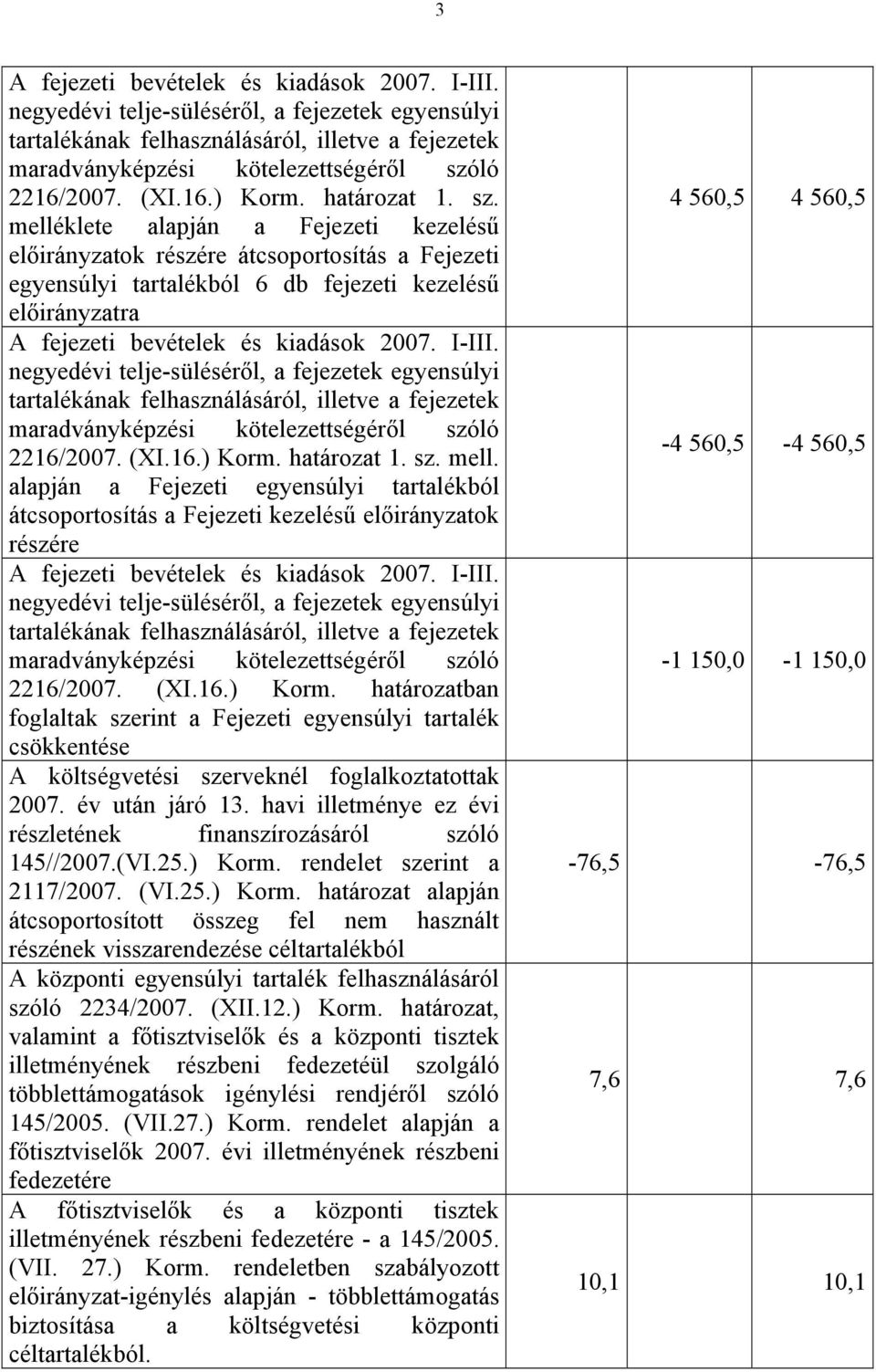 melléklete alapján a Fejezeti kezelésű előirányzatok részére átcsoportosítás a Fejezeti egyensúlyi tartalékból 6 db fejezeti kezelésű előirányzatra A fejezeti bevételek és kiadások 2007. I-III.
