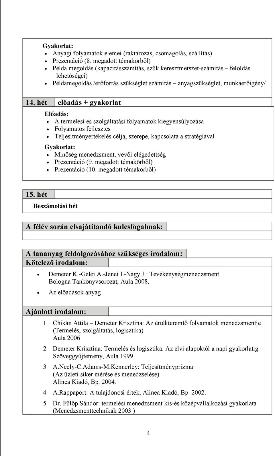 hét előadás + gyakorlat A termelési és szolgáltatási folyamatok kiegyensúlyozása Folyamatos fejlesztés Teljesítményértékelés célja, szerepe, kapcsolata a stratégiával Minőség menedzsment, vevői