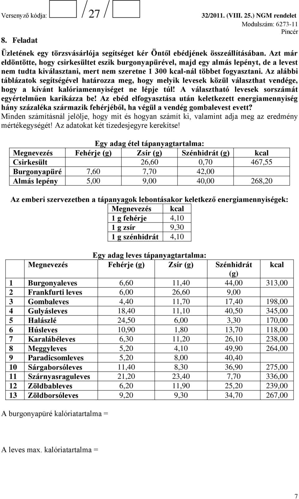 Az alábbi táblázatok segítségével határozza meg, hogy melyik levesek közül választhat vendége, hogy a kívánt kalóriamennyiséget ne lépje túl! A választható levesek sorszámát egyértelműen karikázza be!