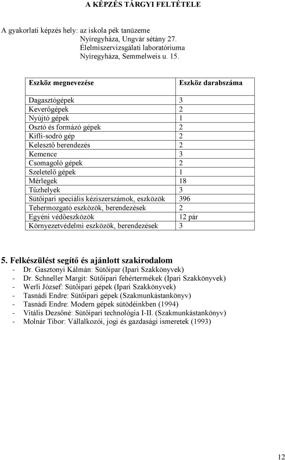 Mérlegek 18 Tűzhelyek 3 Sütőipari speciális kéziszerszámok, eszközök 396 Tehermozgató eszközök, berendezések 2 Egyéni védőeszközök 12 pár Környezetvédelmi eszközök, berendezések 3 5.