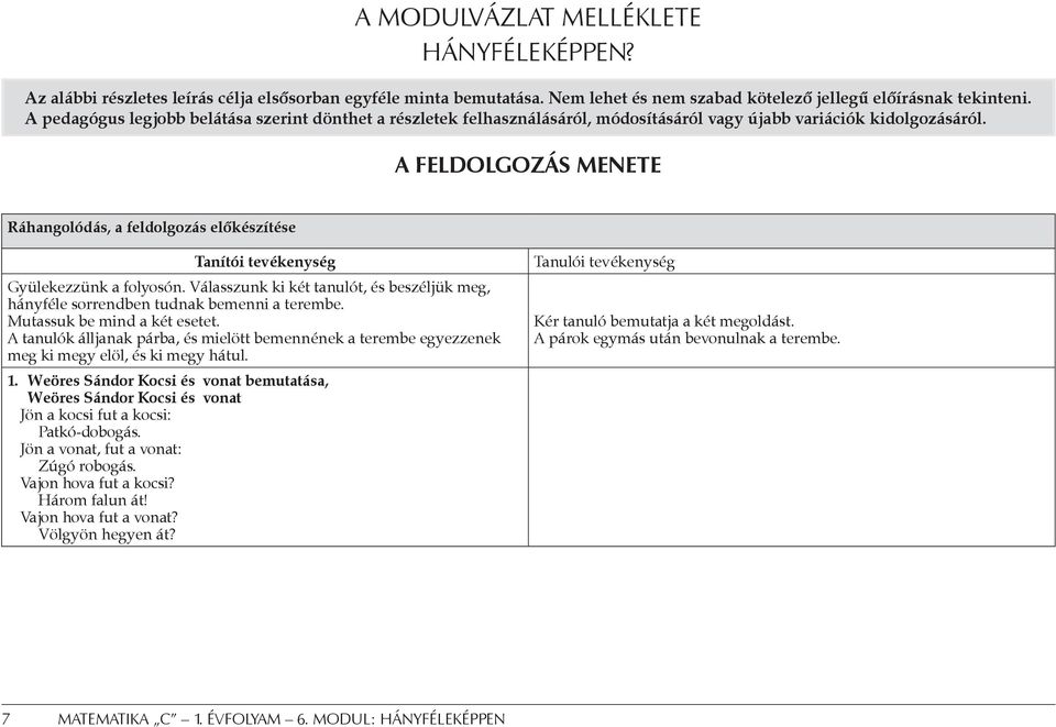 A feldolgozás menete Ráhangolódás, a feldolgozás előkészítése Tanítói tevékenység Gyülekezzünk a folyosón. Válasszunk ki két tanulót, és beszéljük meg, hányféle sorrendben tudnak bemenni a terembe.