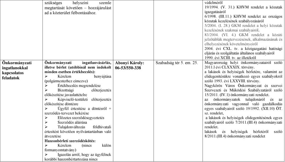 előkészítése javaslattételre Képviselő-testületi előterjesztés előkészítése döntésre Ügyfél értesítése a döntésről + szerződés-tervezet bekérése Előzetes szerződésegyeztetés Szerződés aláírása