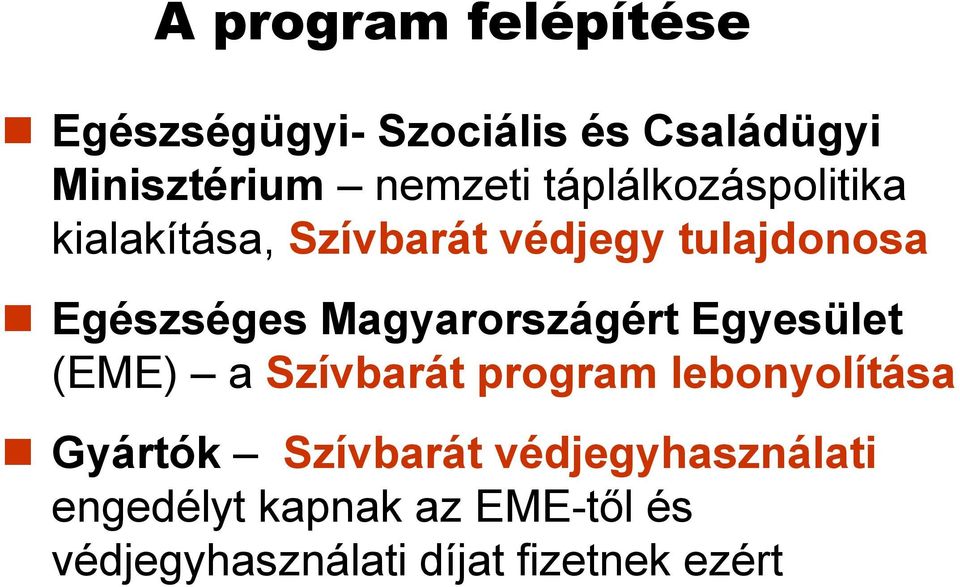 Magyarországért Egyesület (EME) a Szívbarát program lebonyolítása Gyártók