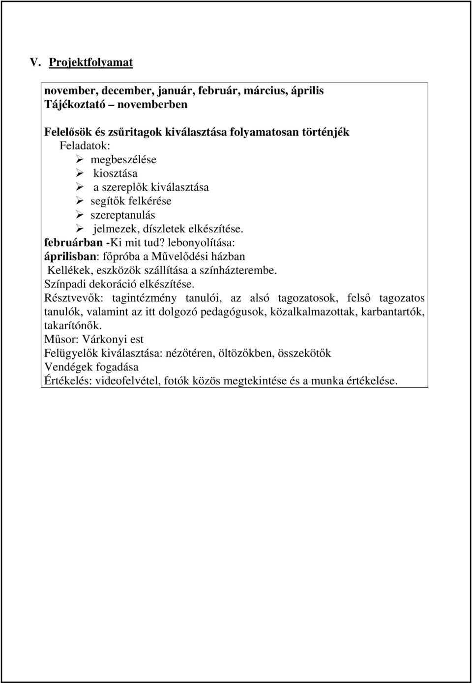 lebonyolítása: áprilisban: főpróba a Művelődési házban Kellékek, eszközök szállítása a színházterembe. Színpadi dekoráció elkészítése.