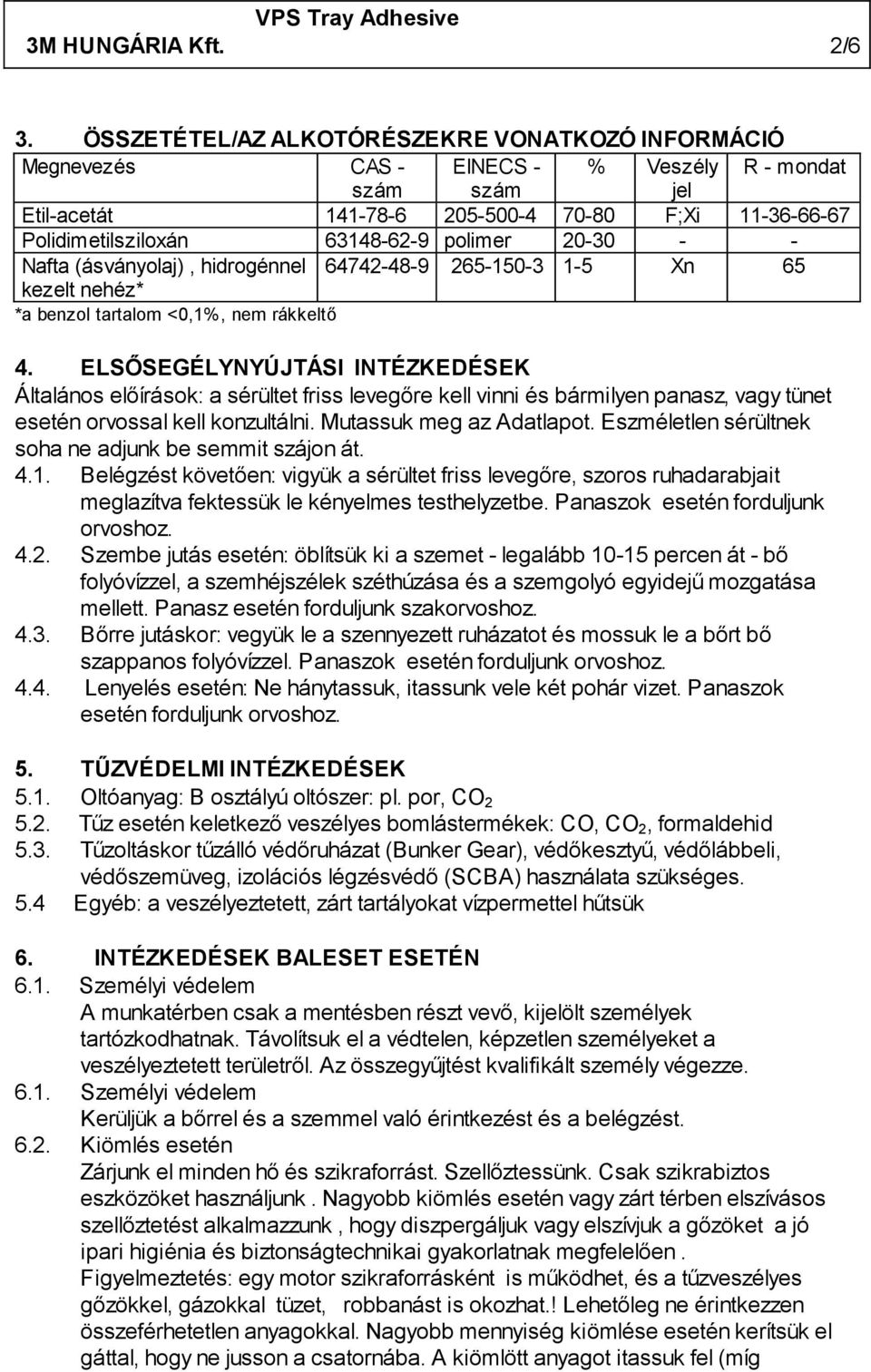 polimer 20-30 - - Nafta (ásványolaj), hidrogénnel kezelt nehéz* 64742-48-9 265-150-3 1-5 Xn 65 *a benzol tartalom <0,1%, nem rákkeltő 4.