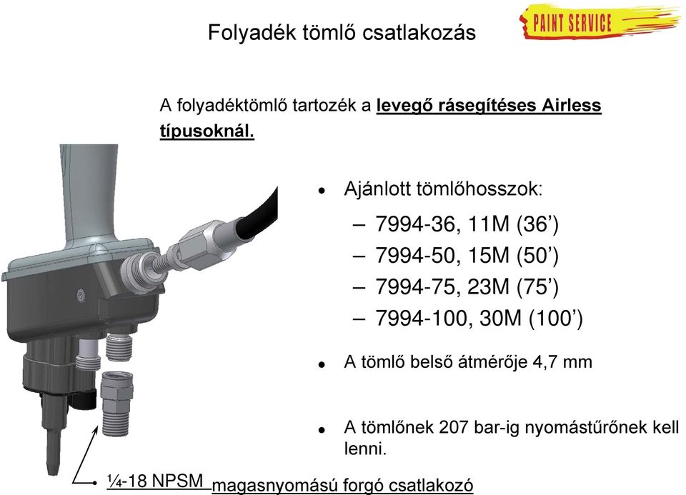 Ajánlott tömlőhosszok: 7994-36, 11M (36 ) 7994-50, 15M (50 ) 7994-75, 23M (75