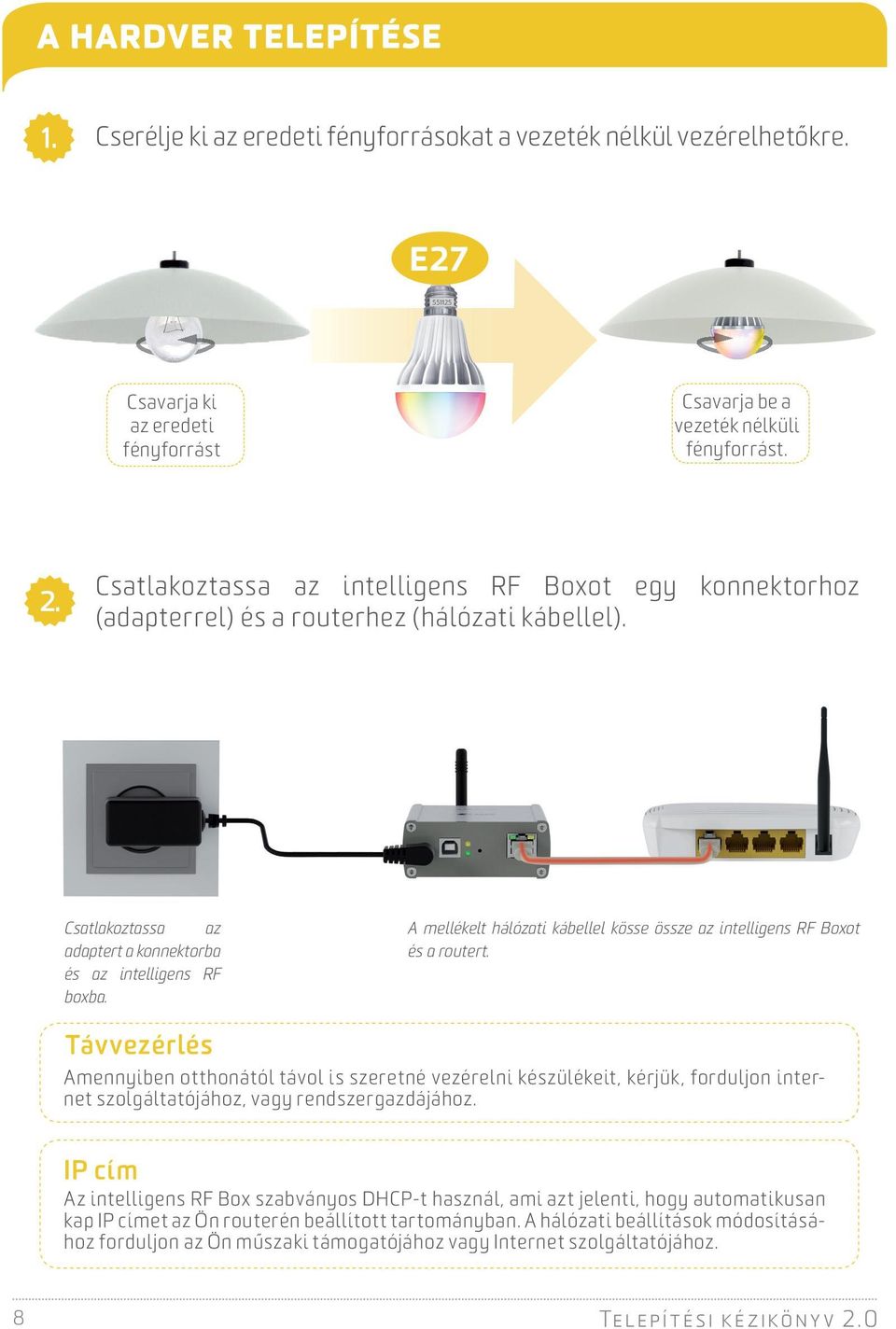 A mellékelt hálózati kábellel kösse össze az intelligens RF Boxot és a routert.