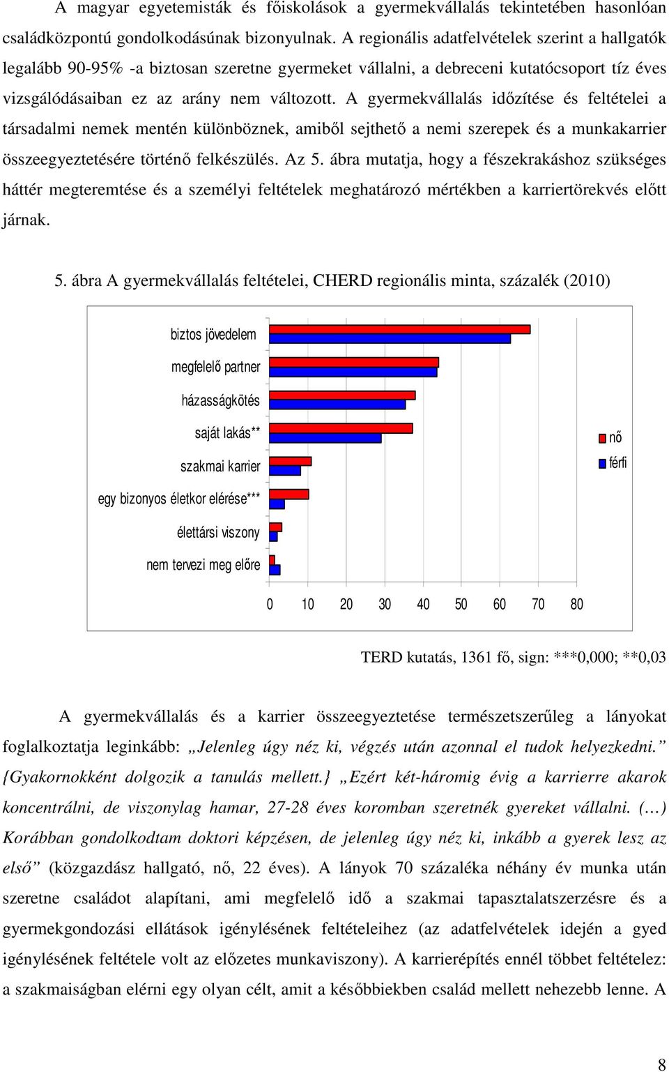 A gyermekvállalás időzítése és feltételei a társadalmi nemek mentén különböznek, amiből sejthető a nemi szerepek és a munkakarrier összeegyeztetésére történő felkészülés. Az 5.