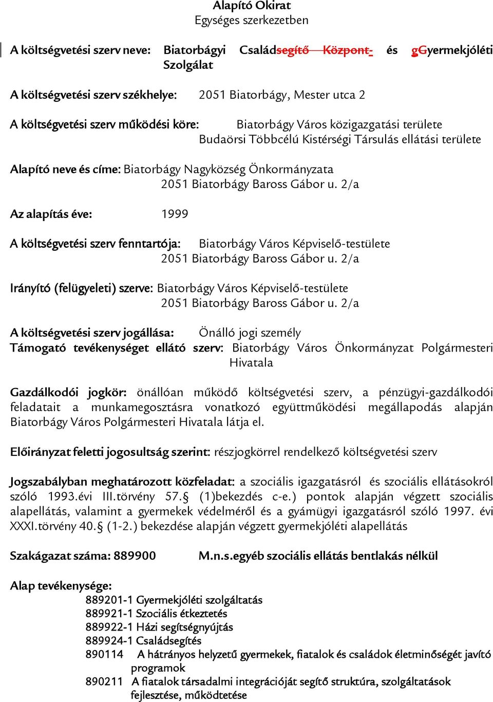 Biatorbágy Baross Gábor u. 2/a Az alapítás éve: 1999 A költségvetési szerv fenntartója: Biatorbágy Város Képviselő-testülete 2051 Biatorbágy Baross Gábor u.