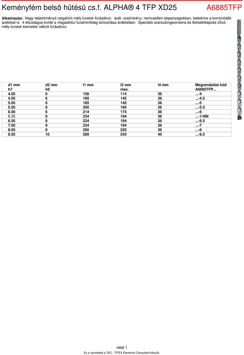 ALPHA 4 TFP XD25 A6885TFP Alkalmazás: Nagy teljesítményű csigafúró mély furatok fúrásához, acél, vasöntvény, nemvasfém alapanyagokban, beleértve a
