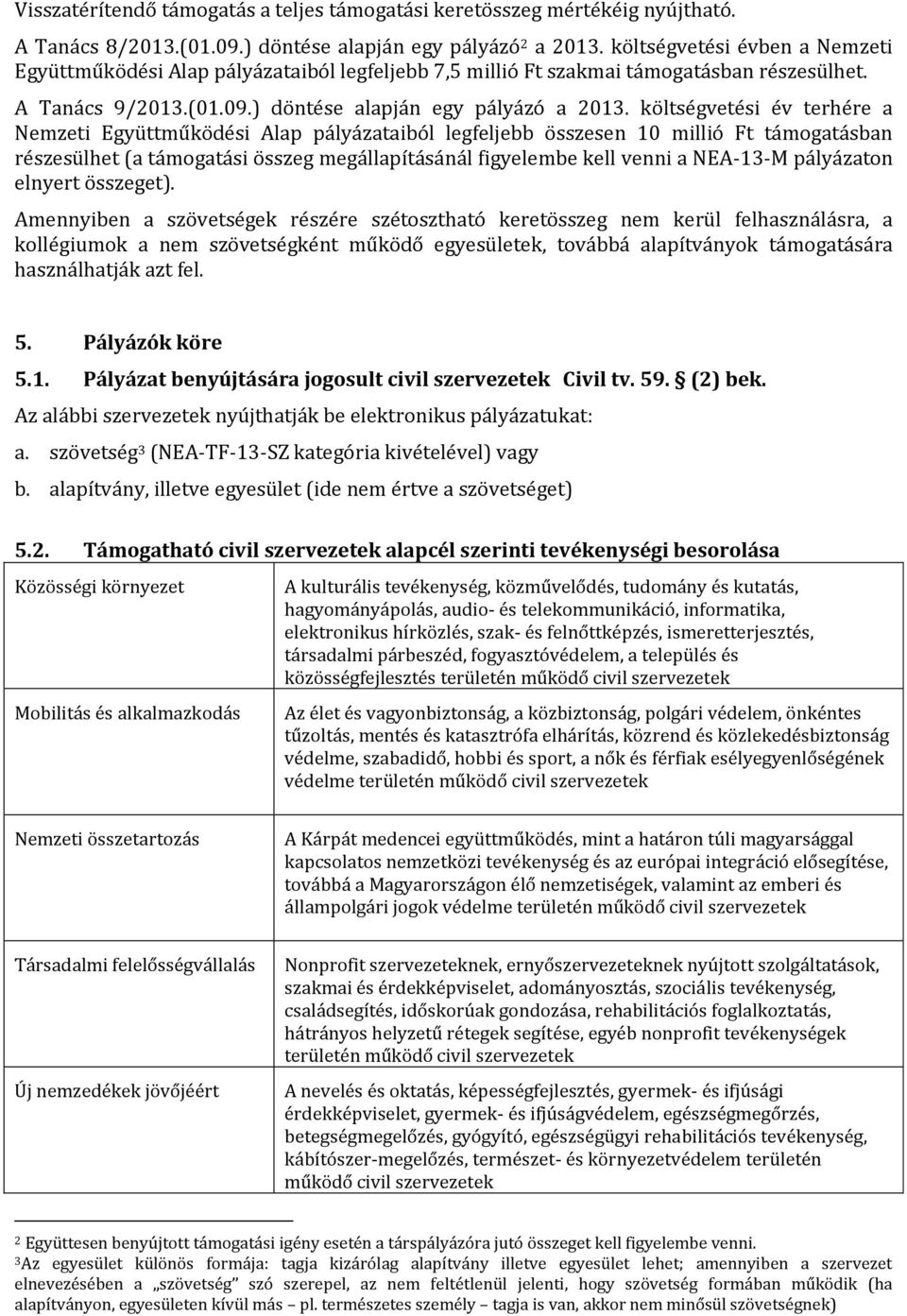 költségvetési év terhére a Nemzeti Együttműködési Alap pályázataiból legfeljebb összesen 10 millió Ft támogatásban részesülhet (a támogatási összeg megállapításánál figyelembe kell venni a NEA-13-M