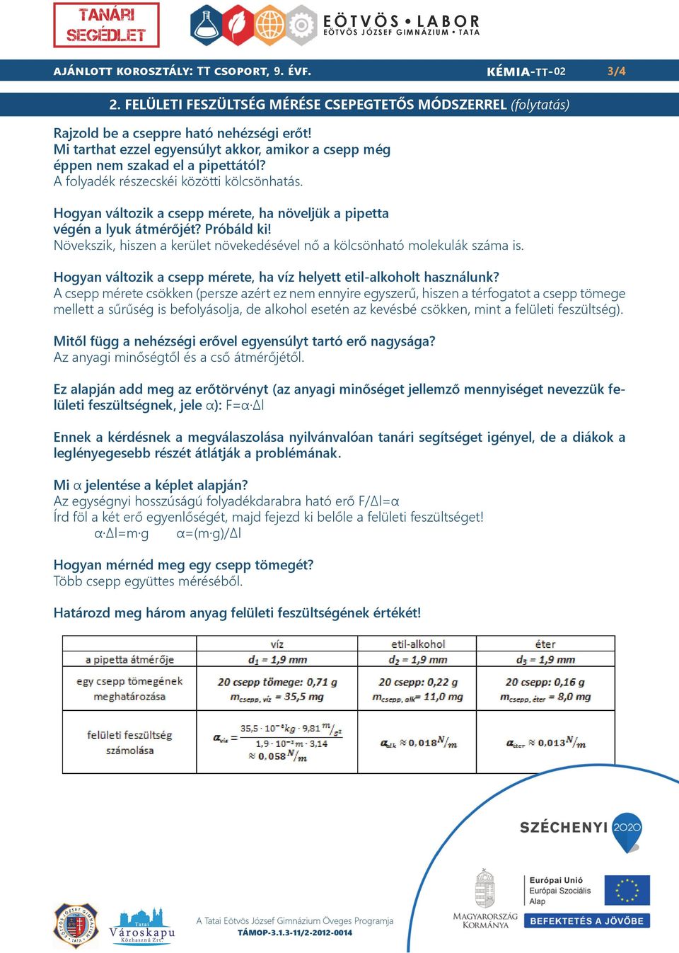 Hogyan változik a csepp mérete, ha növeljük a pipetta végén a lyuk átmérőjét? Próbáld ki! Növekszik, hiszen a kerület növekedésével nő a kölcsönható molekulák száma is.