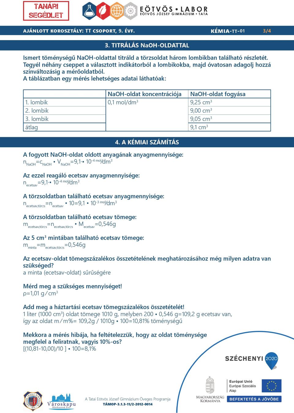 A táblázatban egy mérés lehetséges adatai láthatóak: NaOH-oldat koncentrációja 1. lombik 0,1 mol/dm 3 9,25 cm 3 2. lombik 9,00 cm 3 3. lombik 9,05 cm 3 átlag 9,1 cm 3 4.