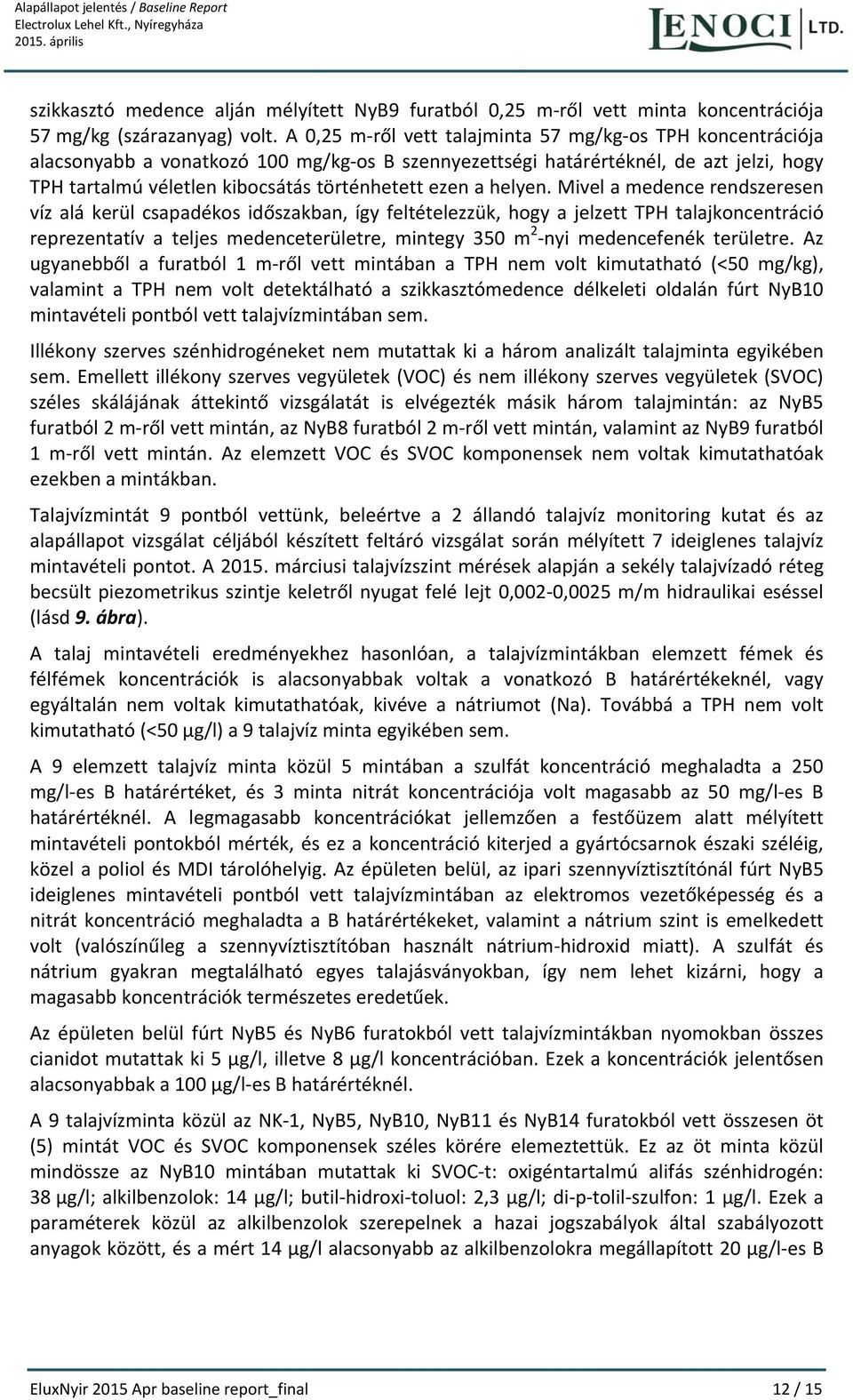 A 0,25 m ről vett talajminta 57 mg/kg os TPH koncentrációja alacsonyabb a vonatkozó 100 mg/kg os B szennyezettségi határértéknél, de azt jelzi, hogy TPH tartalmú véletlen kibocsátás történhetett ezen