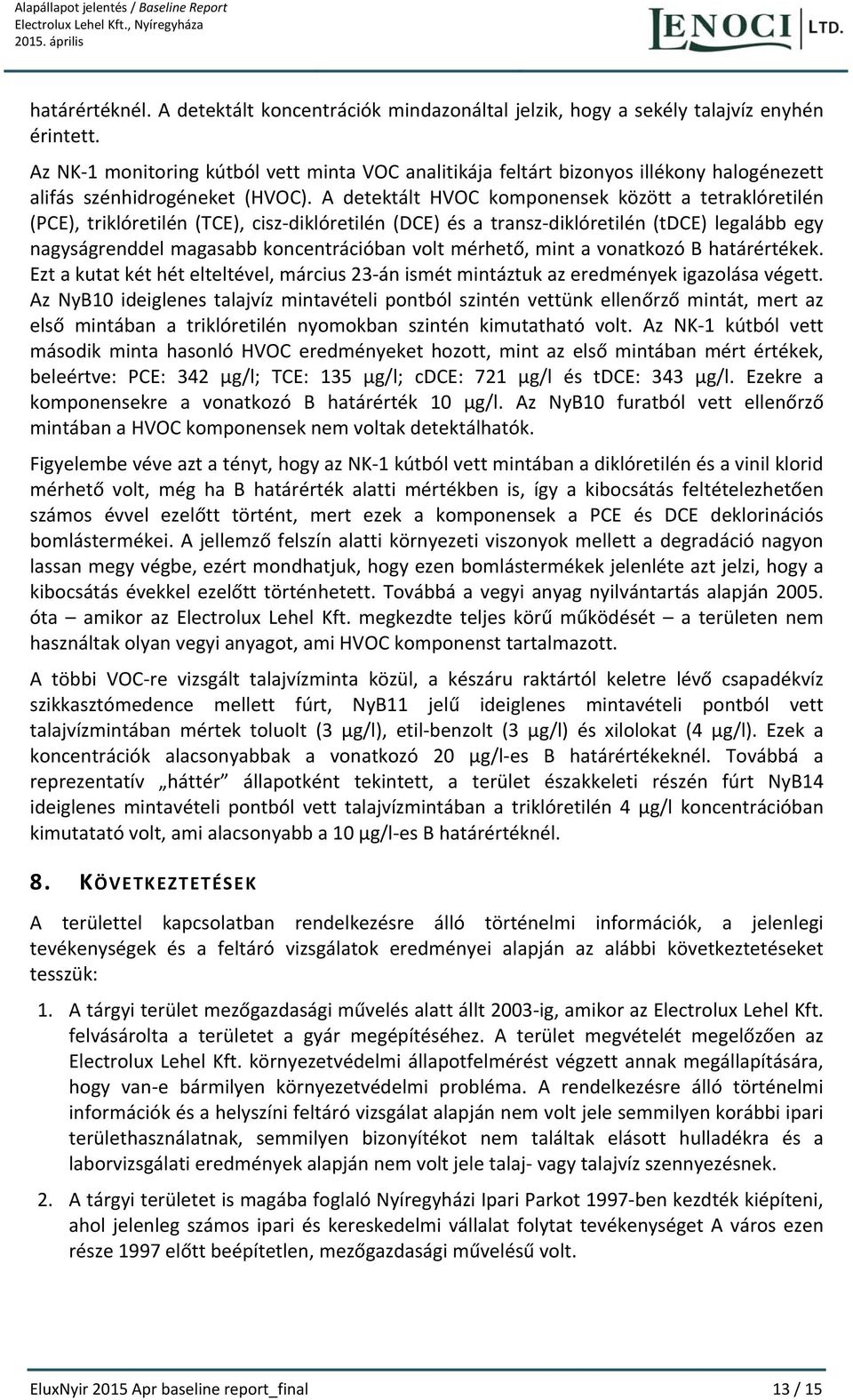 A detektált HVOC komponensek között a tetraklóretilén (PCE), triklóretilén (TCE), cisz diklóretilén (DCE) és a transz diklóretilén (tdce) legalább egy nagyságrenddel magasabb koncentrációban volt