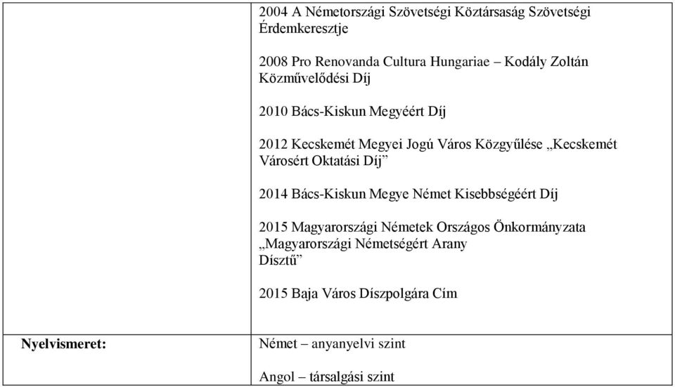 Városért Oktatási Díj 2014 Bács-Kiskun Megye Német Kisebbségéért Díj 2015 Magyarországi Németek Országos