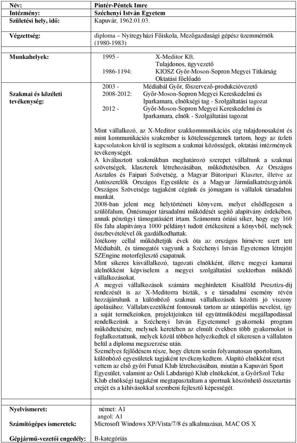 Győr-Moson-Sopron Megyei Kereskedelmi és Iparkamara, elnökségi tag - Szolgáltatási tagozat 2012 - Győr-Moson-Sopron Megyei Kereskedelmi és Iparkamara, elnök - Szolgáltatási tagozat Mint vállalkozó,