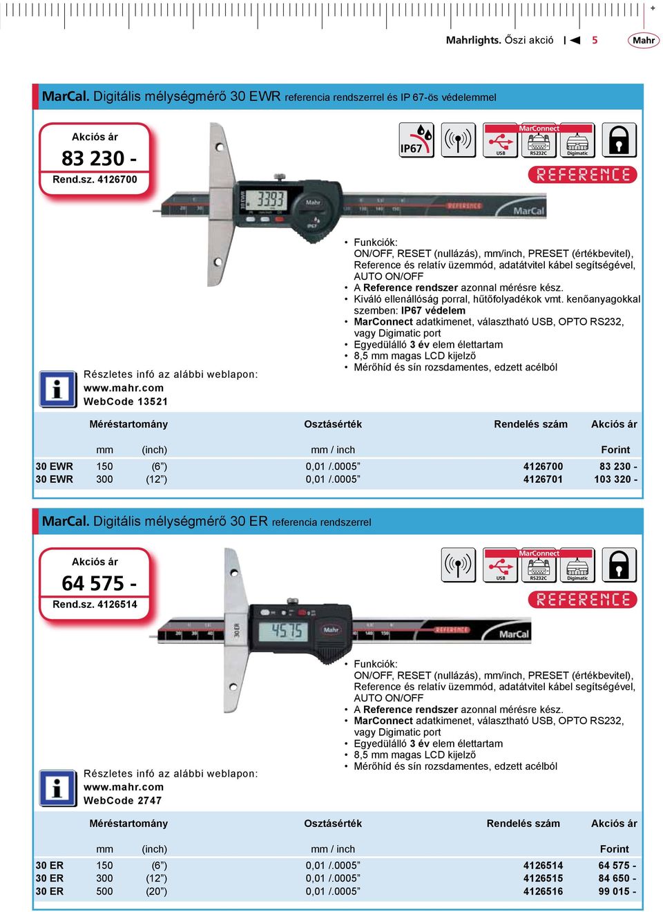 4126700 Webcode 13521 Funkciók: ON/OFF, RESET (nullázás), mm/inch, PRESET (értékbevitel), Reference és relatív üzemmód, adatátvitel kábel segítségével, AUTO ON/OFF A reference rendszer azonnal