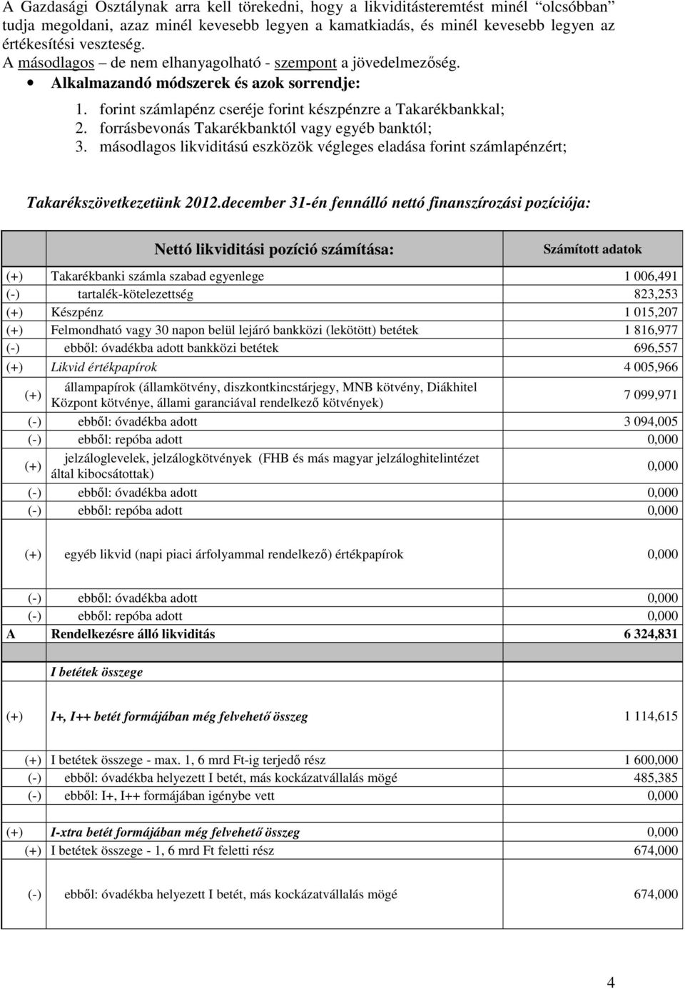 forrásbevonás Takarékbanktól vagy egyéb banktól; 3. másodlagos likviditású eszközök végleges eladása forint számlapénzért; Takarékszövetkezetünk 2012.
