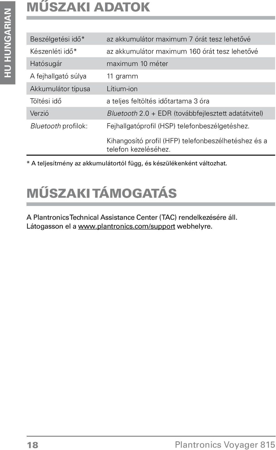 Bluetooth profilok: Fejhallgatóprofil (HSP) telefonbeszélgetéshez Kihangosító profil (HFP) telefonbeszélhetéshez és a telefon kezeléséhez * A teljesítmény az akkumulátortól