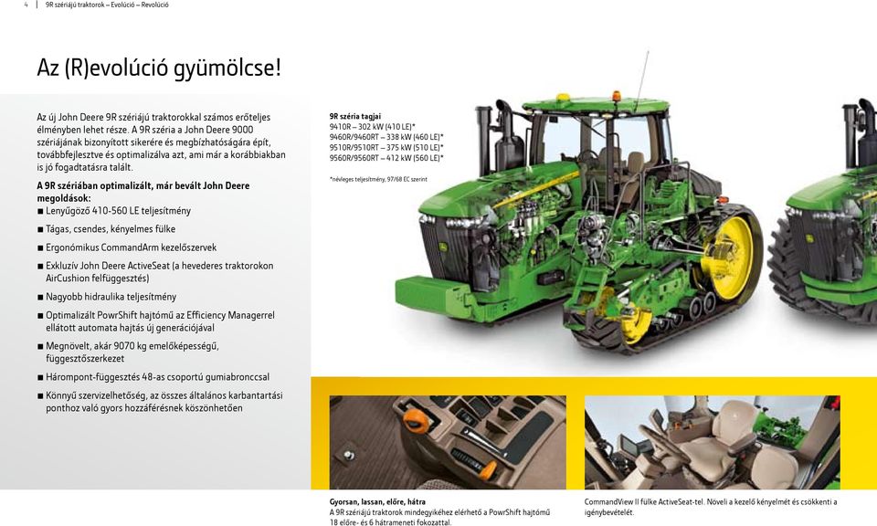 A 9R szériában optimalizált, már bevált John Deere megoldások: Lenyűgöző 410-560 LE teljesítmény Tágas, csendes, kényelmes fülke Ergonómikus CommandArm kezelőszervek Exkluzív John Deere ActiveSeat (a