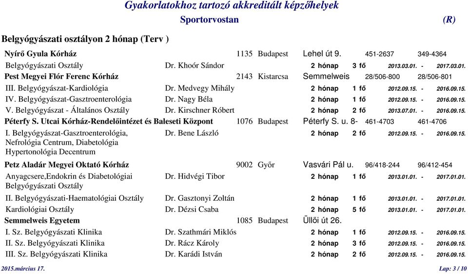 Belgyógyászat-Gasztroenterológia Dr. Nagy Béla 2 hónap 1 fő 2012.09.15. - 2016.09.15. V. Belgyógyászat - Általános Osztály Dr. Kirschner Róbert 2 hónap 2 fő 2013.07.01. - 2016.09.15. Péterfy S.