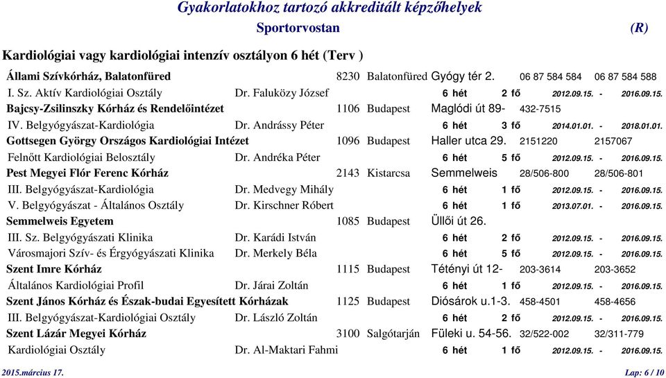 01.01. - 2018.01.01. Gottsegen György Országos Kardiológiai Intézet 1096 Budapest Haller utca 29. 2151220 2157067 Felnőtt Kardiológiai Belosztály Dr. Andréka Péter 6 hét 5 fő 2012.09.15. - 2016.09.15. Pest Megyei Flór Ferenc Kórház 2143 Kistarcsa Semmelweis 28/506-800 28/506-801 III.