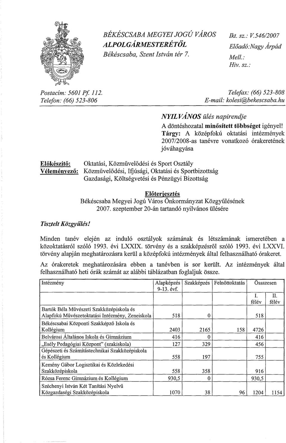 Tárgy: A középfokú oktatási intézmények 2007/200S-as tanévre vonatkozó órakeretének jóváhagyása Előkészítő: Véleményező: Oktatási, Közrnűvelődési és Sport Osztály Közművelődési, Ifjúsági, Oktatási és