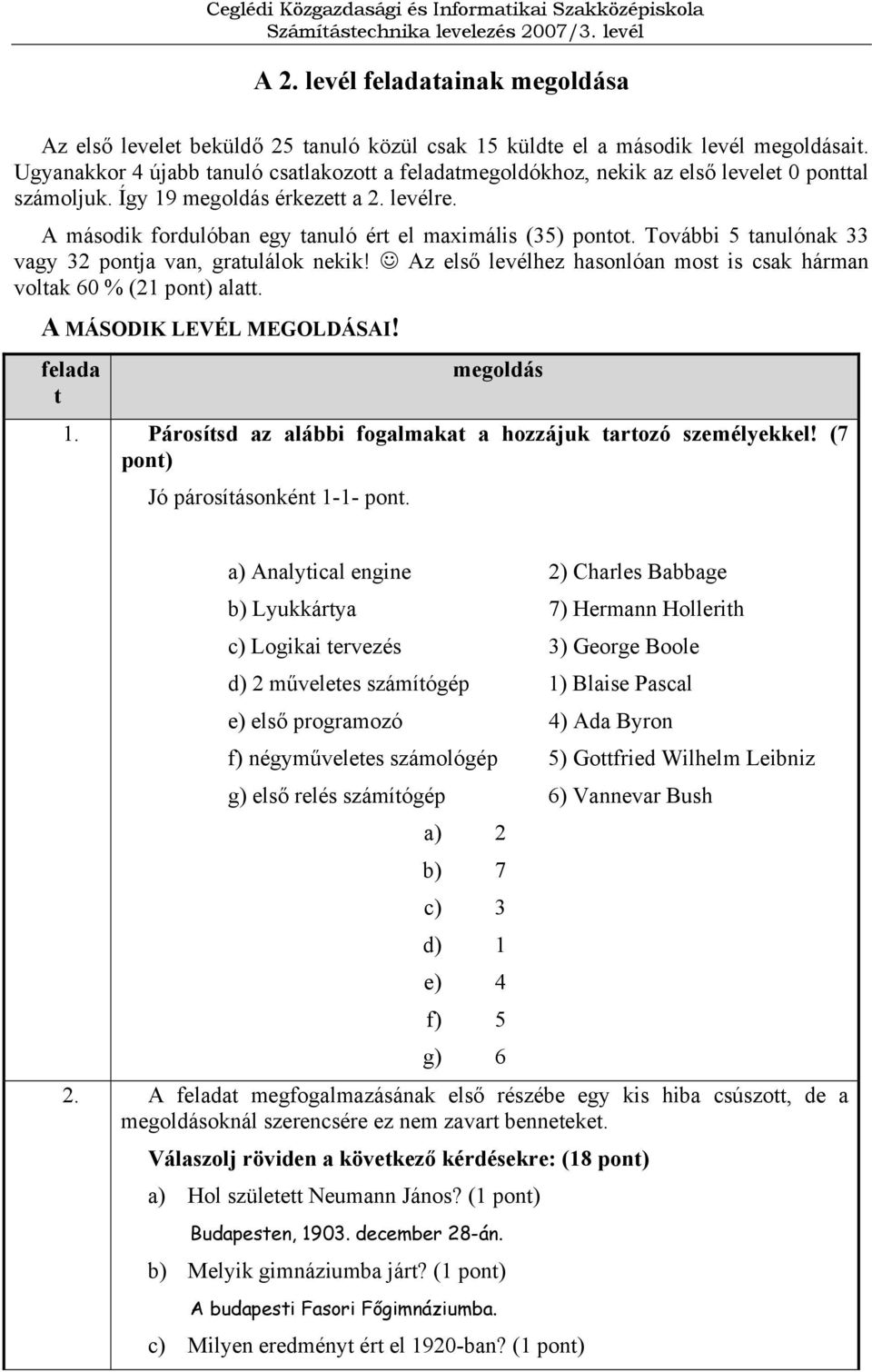 A második fordulóban egy tanuló ért el maximális (35) pontot. További 5 tanulónak 33 vagy 32 pontja van, gratulálok nekik! Az első levélhez hasonlóan most is csak hárman voltak 60 % (21 pont) alatt.