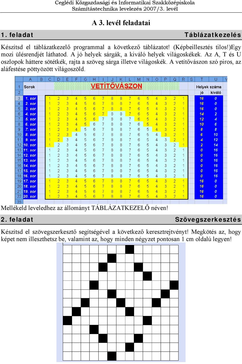 Az A, T és U oszlopok háttere sötétkék, rajta a szöveg sárga illetve világoskék. A vetítővászon szó piros, az aláfestése pöttyözött világoszöld.