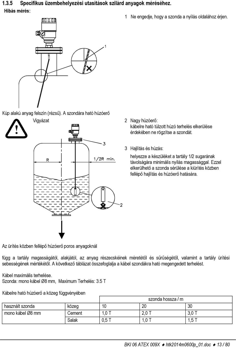 3 Hajlítás és húzás: helyezze a készüléket a tartály 1/2 sugarának távolságára minimális nyílás magassággal. Ezzel elkerülhető a szonda sérülése a kiürítés közben fellépő hajlítás és húzóerő hatására.