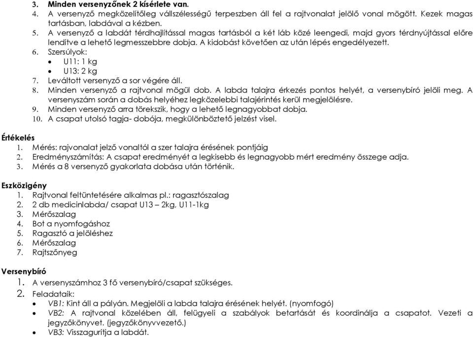 Szersúlyok: U11: 1 kg U13: 2 kg Leváltott versenyző a sor végére áll. Minden versenyző a rajtvonal mögül dob. A labda talajra érkezés pontos helyét, a versenybíró jelöli meg.