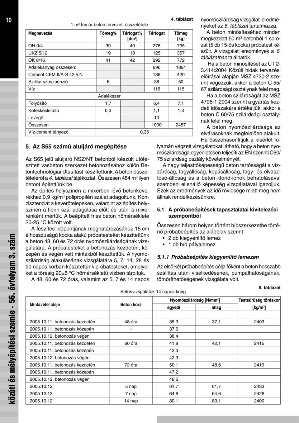 Konzisztenciát a keverõtelepeken, valamint az építés helyszínén a fibrin szál adagolása elõtt és után is mixerenként mértük. A beépített friss beton hõmérséklete 20-25 C között volt.