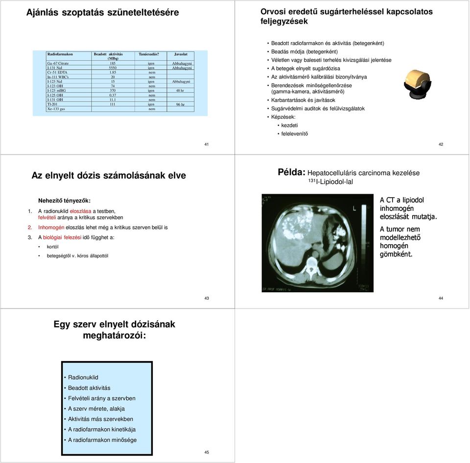 85 nem In-111 WBC's 20 nem I-123 NaI 15 igen Abbahagyni I-123 OIH 74 nem I-123 mibg 370 igen 48 hr I-125 OIH 0.37 nem I-131 OIH 11.
