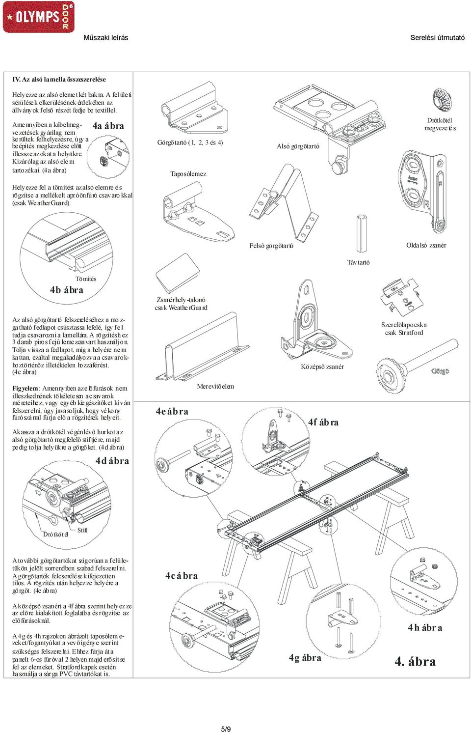 (4a ábra) 4a ábra Görgõtartó (1, 2, 3 és 4) Taposólemez Alsó görgõtartó Drótkötél megvezetés Helyezze fel a tömítést az alsó re és rögzítse a mellékelt apró önfúró csavarokkal (csak WeatherGuard).