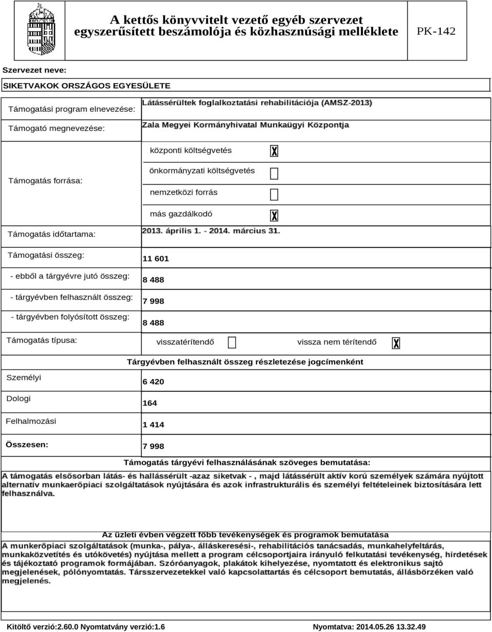 típusa: 11 601 8 488 7 998 8 488 visszatérítendő vissza nem térítendő Tárgyévben felhasznált összeg részletezése jogcímenként Személyi Dologi