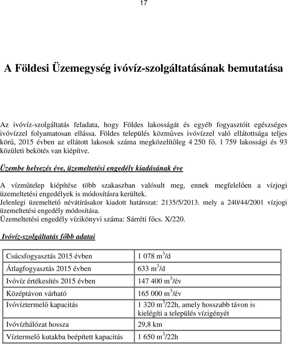 Üzembe helyezés éve, üzemeltetési engedély kiadásának éve A vízműtelep kiépítése több szakaszban valósult meg, ennek megfelelően a vízjogi üzemeltetési engedélyek is módosításra kerültek.