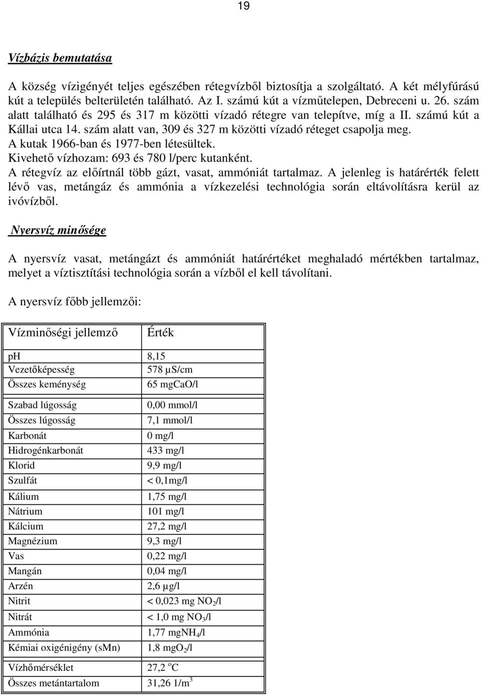 A kutak 1966-ban és 1977-ben létesültek. Kivehető vízhozam: 693 és 780 l/perc kutanként. A rétegvíz az előírtnál több gázt, vasat, ammóniát tartalmaz.