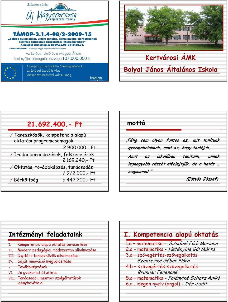 Amit az iskolában tanítunk, annak legnagyobb részét elfelejtjük, de a hatás megmarad. (Eötvös József) Intézményi feladataink I. Kompetencia alapú oktatás bevezetése II.